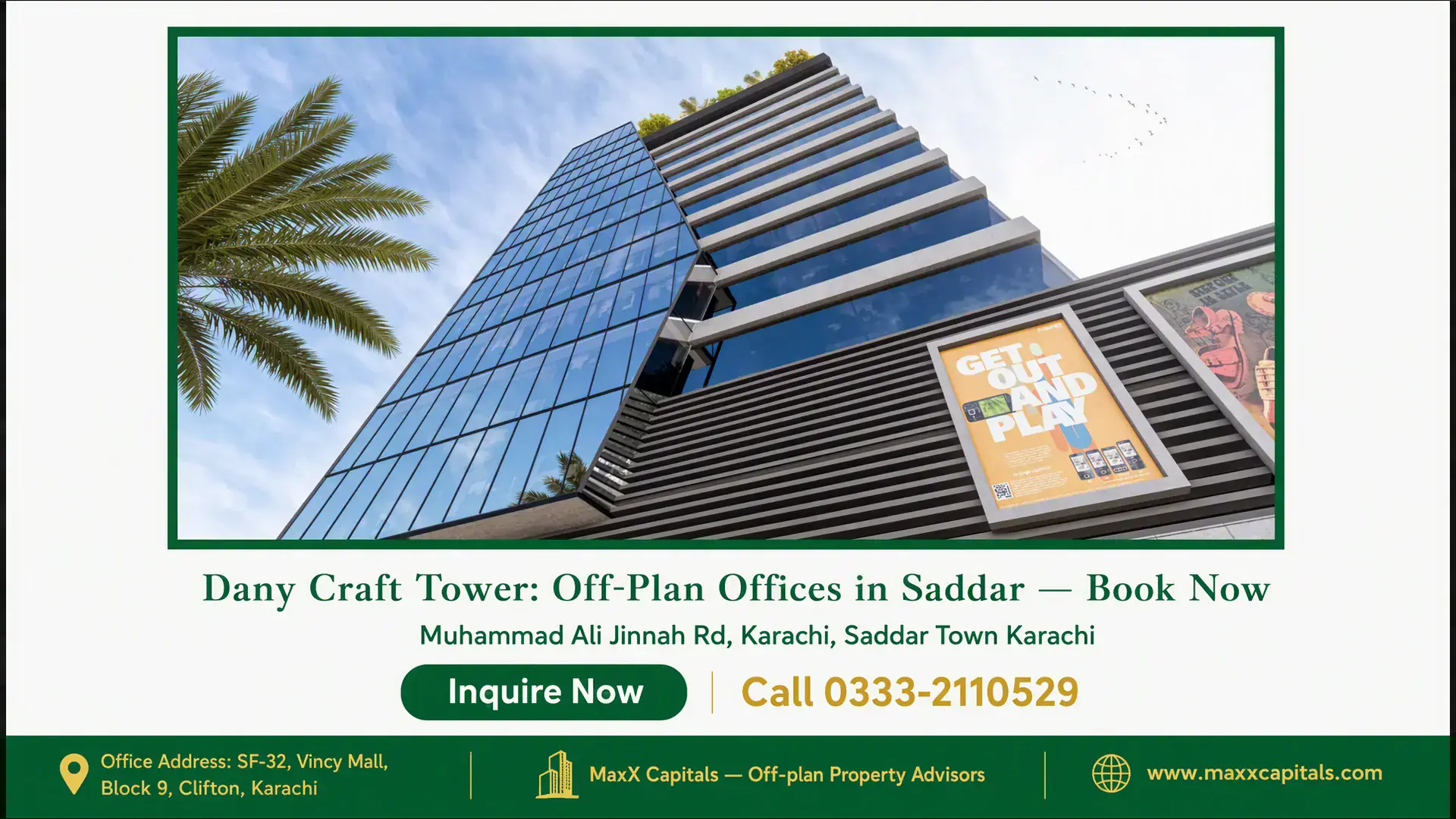 Dany Craft Tower: Off-Plan Offices in Saddar — Book Now Modern glass facade of Dany Craft Tower with sleek architectural design, vertical greenery, and clear blue sky in Saddar, Kar
