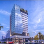 Dany Craft Tower In Karachi: Modern Glass High-Rise With Angled Facade, Luxury Office Floors, Ground-Level Shops, Rooftop Gre