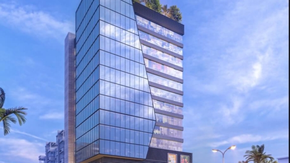 Dany Craft Tower In Karachi: Modern Glass High-Rise With Angled Facade, Luxury Office Floors, Ground-Level Shops, Rooftop Gre