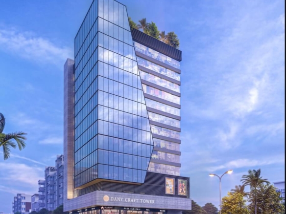 Dany Craft Tower In Karachi: Modern Glass High-Rise With Angled Facade, Luxury Office Floors, Ground-Level Shops, Rooftop Gre