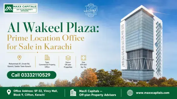 Modern Glass-Façade Commercial Tower With Unique Geometric Accents, Part Of Al Wakeel Plaza In Karachi, Highlighted Under A
