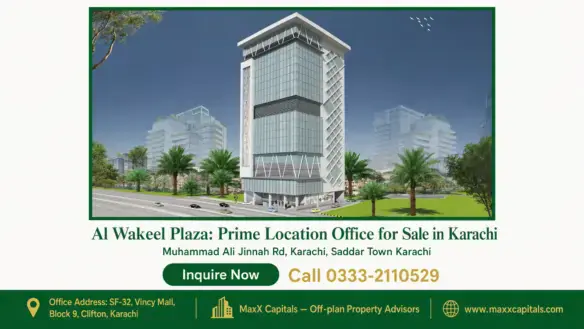 Modern glass facade of Al Wakeel Plaza with geometric accents, surrounded by landscaped greenery and wide roads in Karachi.