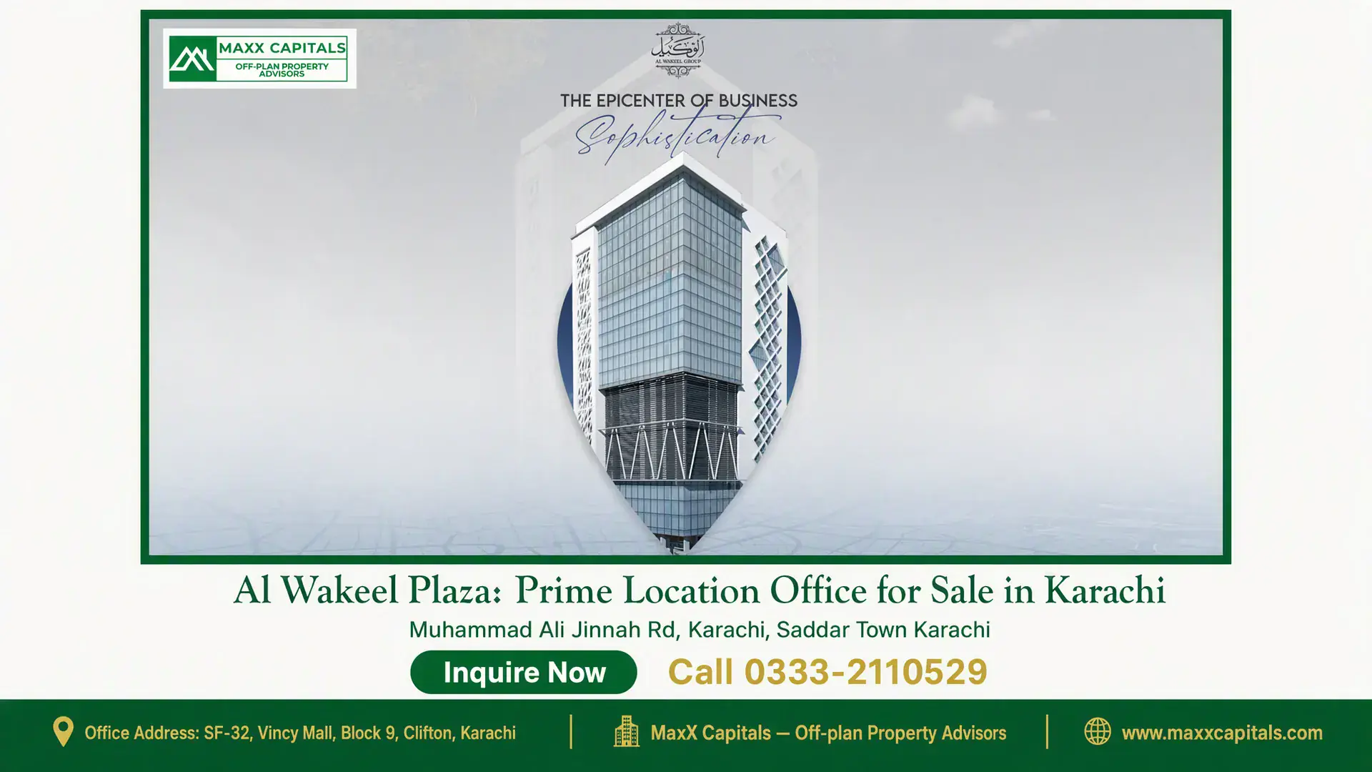 Al Wakeel Plaza: Prime Location Office for Sale in Karachi Modern Al Wakeel Plaza office building with glass facade and geometric architectural details in Karachi.