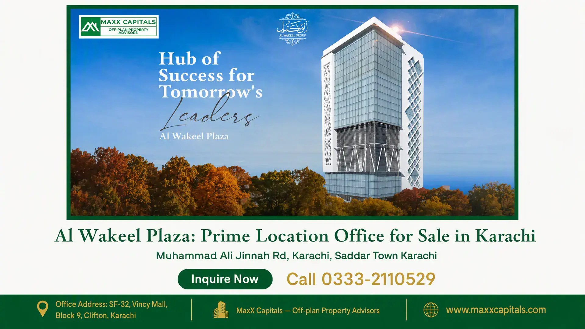 Al Wakeel Plaza: Prime Location Office for Sale in Karachi Modern glass facade of Al Wakeel Plaza in Karachi with intricate architectural elements surrounded by autumn trees under a cl