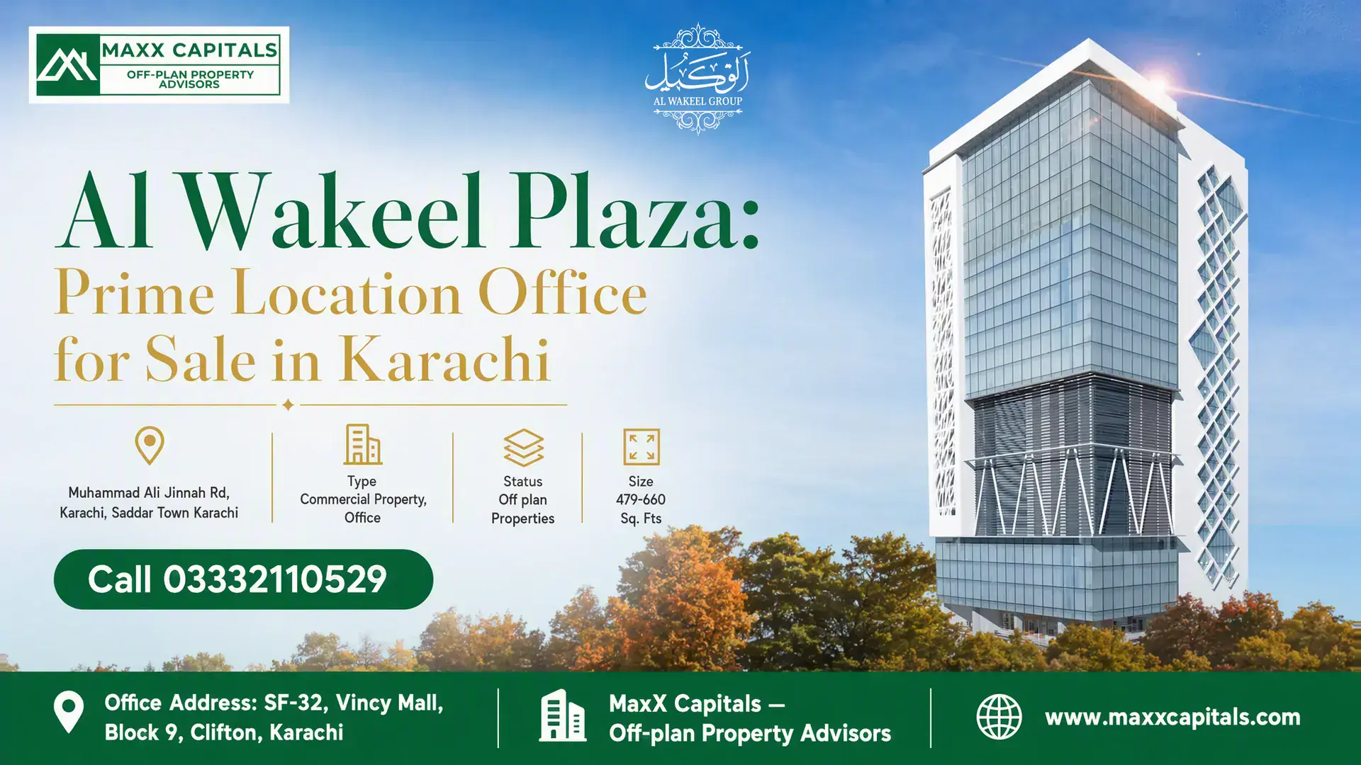 Al Wakeel Plaza: Prime Location Office for Sale in Karachi Modern glass-façade commercial tower with unique geometric accents, part of Al Wakeel Plaza in Karachi, highlighted under a
