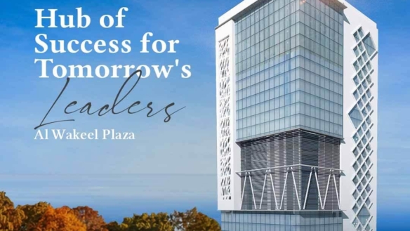 Al Wakeel Plaza Modern High-Rise With Glass Facade, White Panels, Intricate Lattice Designs, Autumn Trees Foreground, Blue Sk