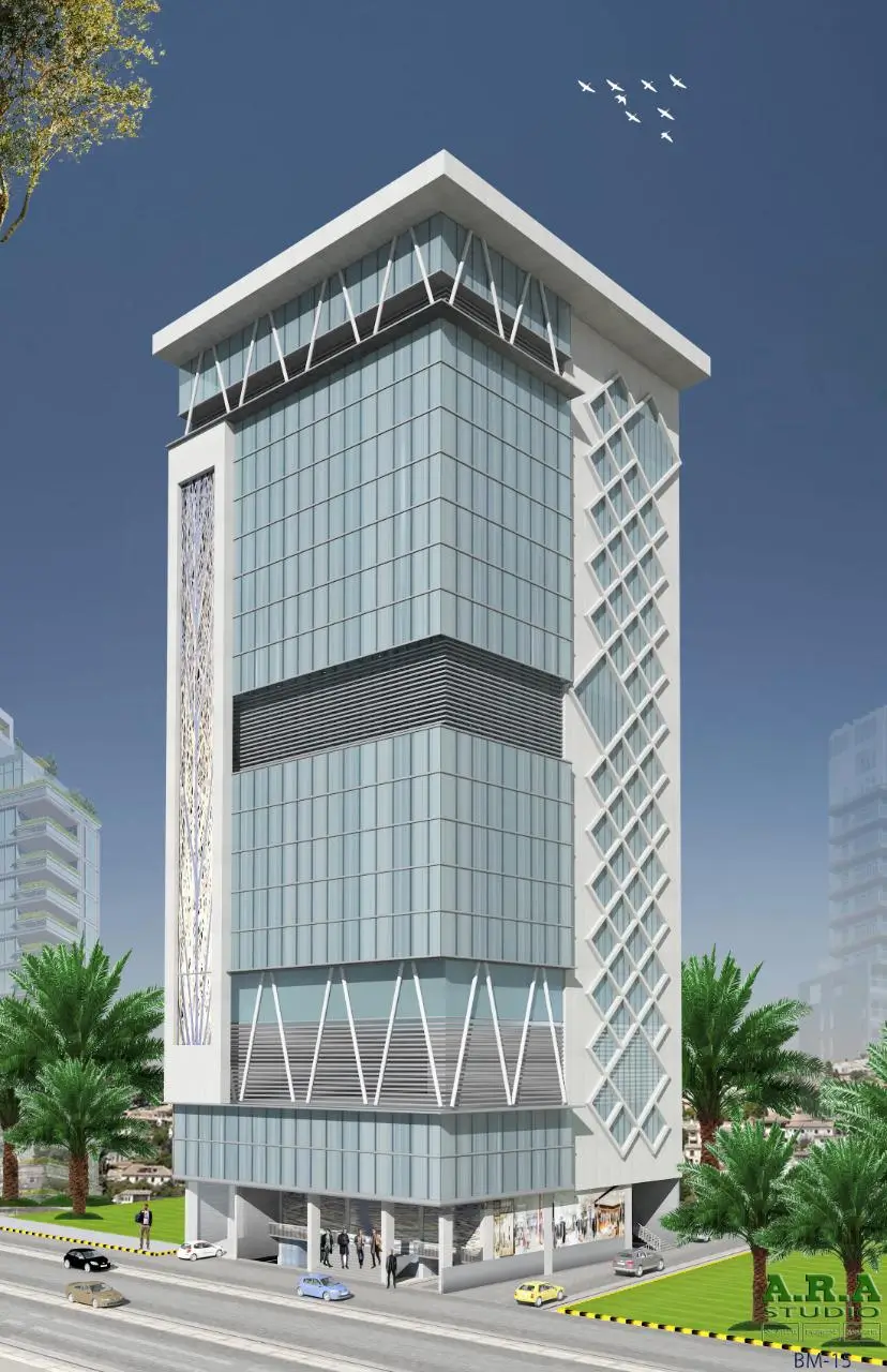 Al Wakeel Plaza Al Wakeel Plaza multi-story office building in Karachi with glass facade, lattice design, palm trees, and urban road
