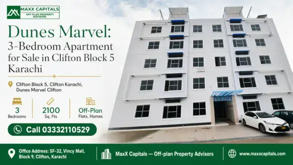 Modern Mid-Rise Apartment Building Featuring White Facade, Large Windows, And Covered Entrance In Clifton Block 5, Karachi.
