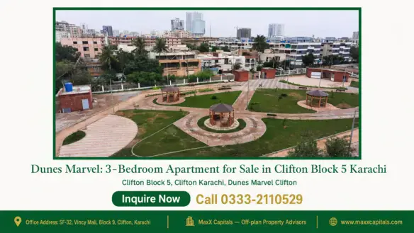 Landscaped park with walking paths, gazebos, and surrounding urban skyline in Clifton Block 5 near Dunes Marvel apartments.