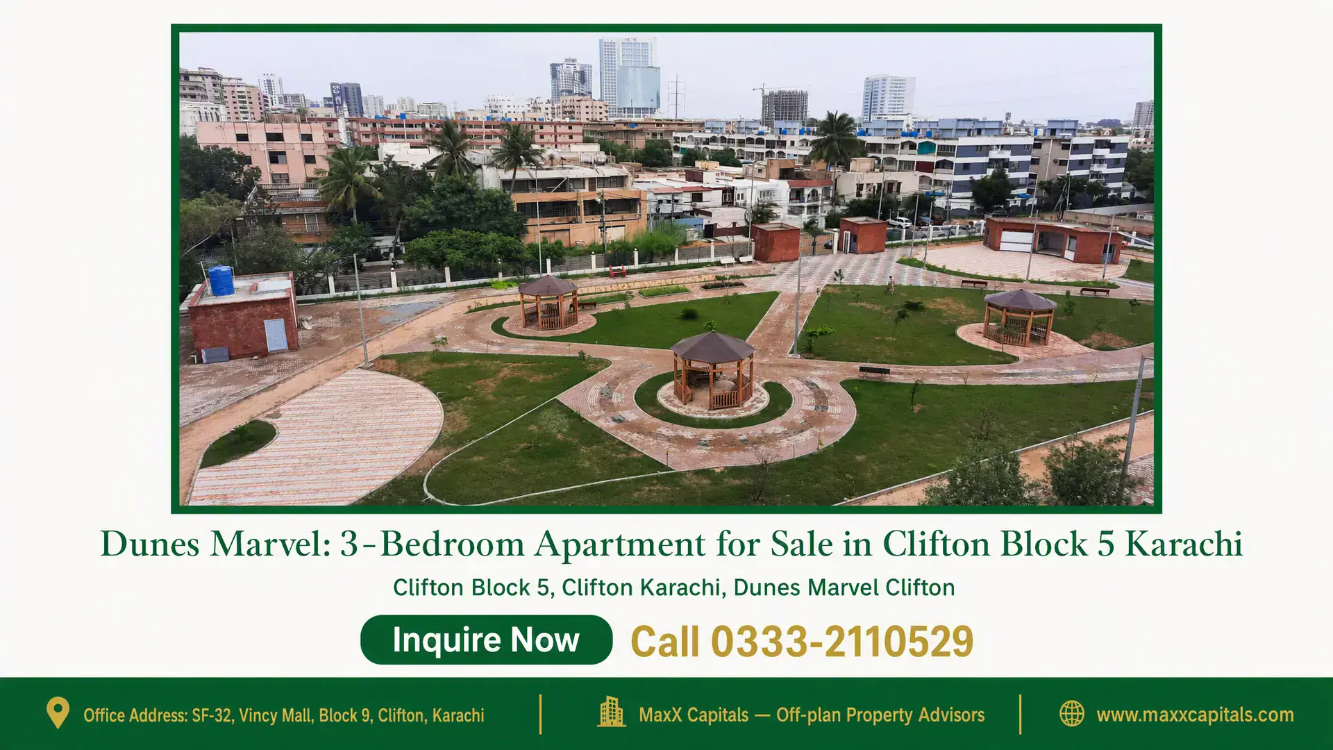 Dunes Marvel: 3-Bedroom Apartment for Sale in Clifton Block 5 Karachi Landscaped park with walking paths, gazebos, and surrounding urban skyline in Clifton Block 5 near Dunes Marvel apartments.