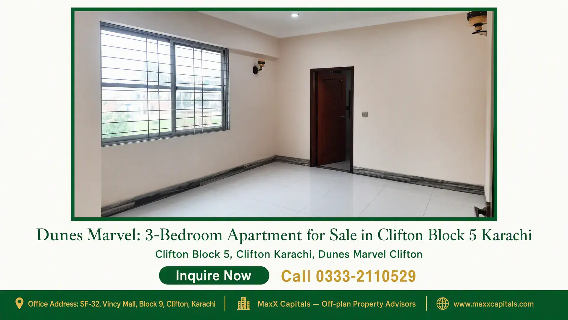 Dunes Marvel: 3-Bedroom Apartment for Sale in Clifton Block 5 Karachi Spacious, sunlight-filled room with tiled flooring, large window and modern finishes in a 3-bedroom Dunes Marvel apartment, C