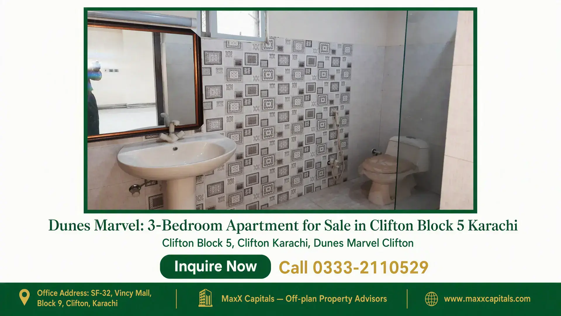 Dunes Marvel: 3-Bedroom Apartment for Sale in Clifton Block 5 Karachi Modern bathroom in Dunes Marvel 3-bedroom apartment for sale in Clifton Block 5 Karachi with tiled walls and glass shower par