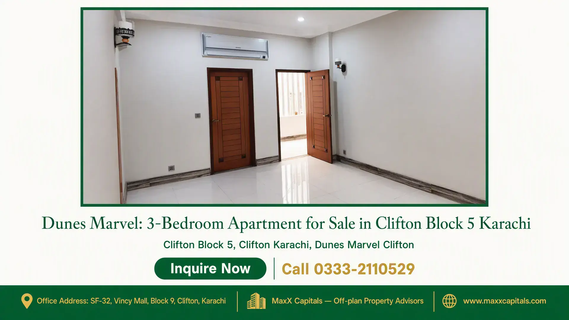 Dunes Marvel: 3-Bedroom Apartment for Sale in Clifton Block 5 Karachi Bright and spacious room in the Dunes Marvel, 3-Bedroom Apartment for Sale in Clifton Block 5 Karachi, featuring wooden doors