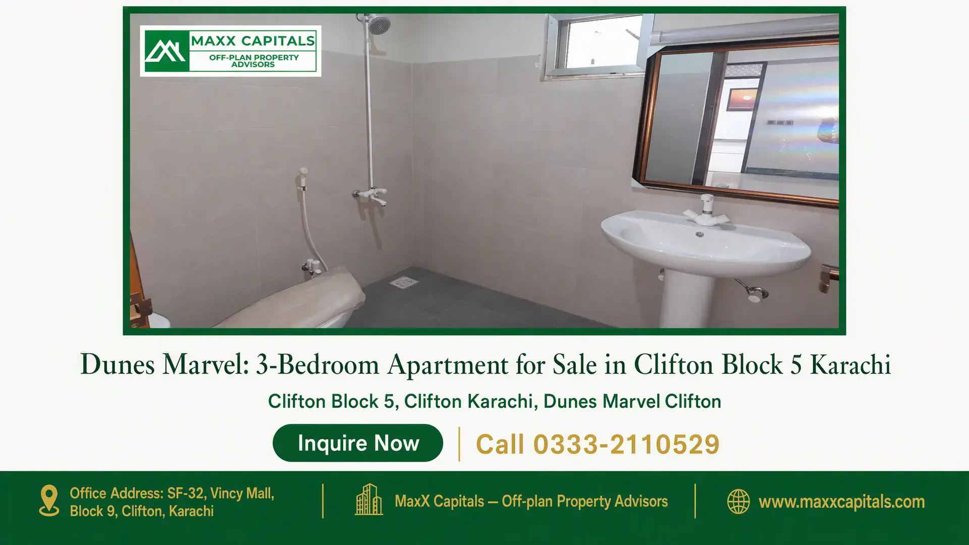 Dunes Marvel: 3-Bedroom Apartment for Sale in Clifton Block 5 Karachi Modern bathroom with sleek white fixtures, ceramic tiled walls, and a large mirror in Dunes Marvel 3-Bedroom Apartment for sa