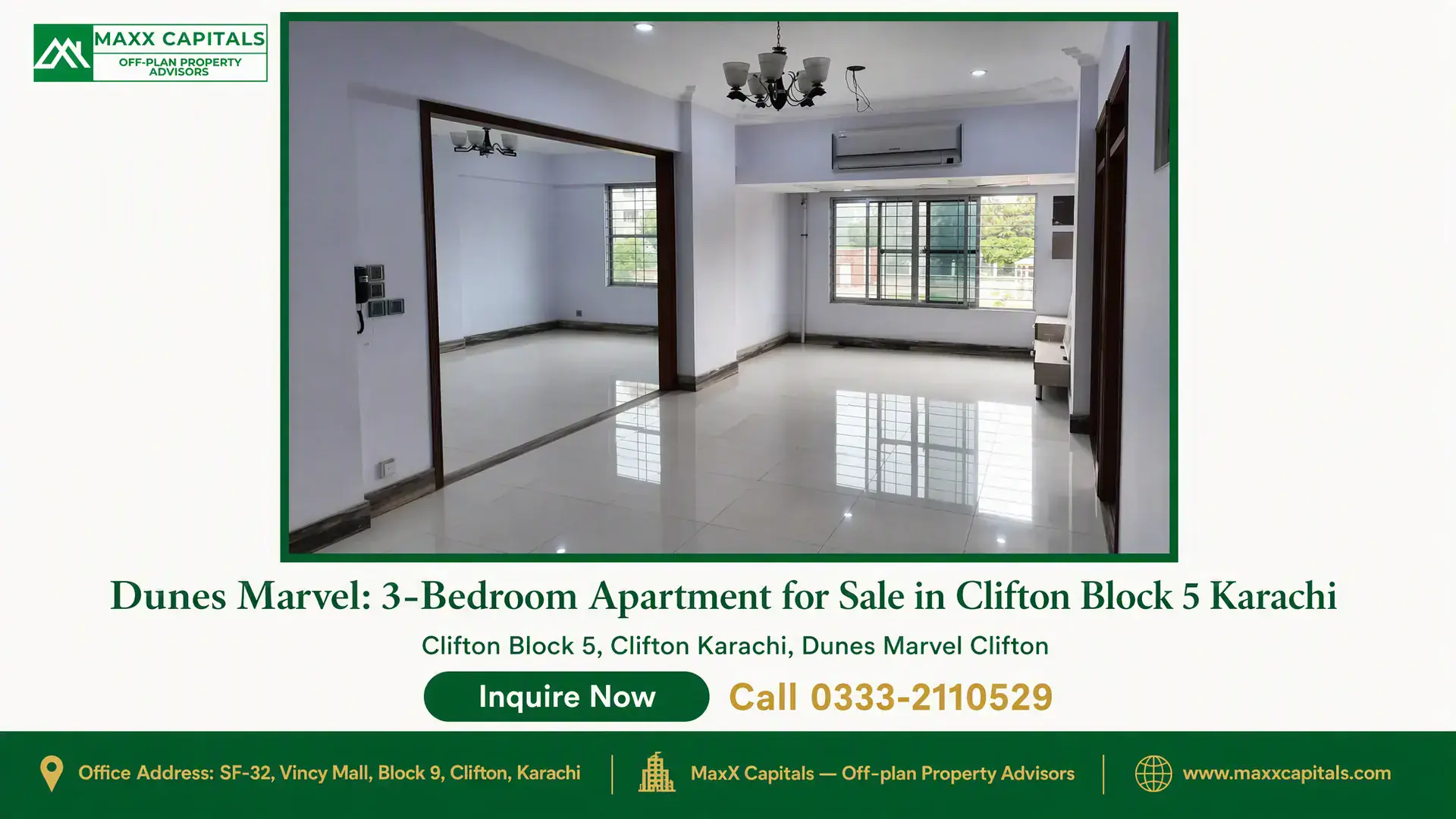 Dunes Marvel: 3-Bedroom Apartment for Sale in Clifton Block 5 Karachi Spacious, well-lit living area in a modern 3-bedroom apartment in Dunes Marvel, Clifton Block 5 Karachi, featuring large wind