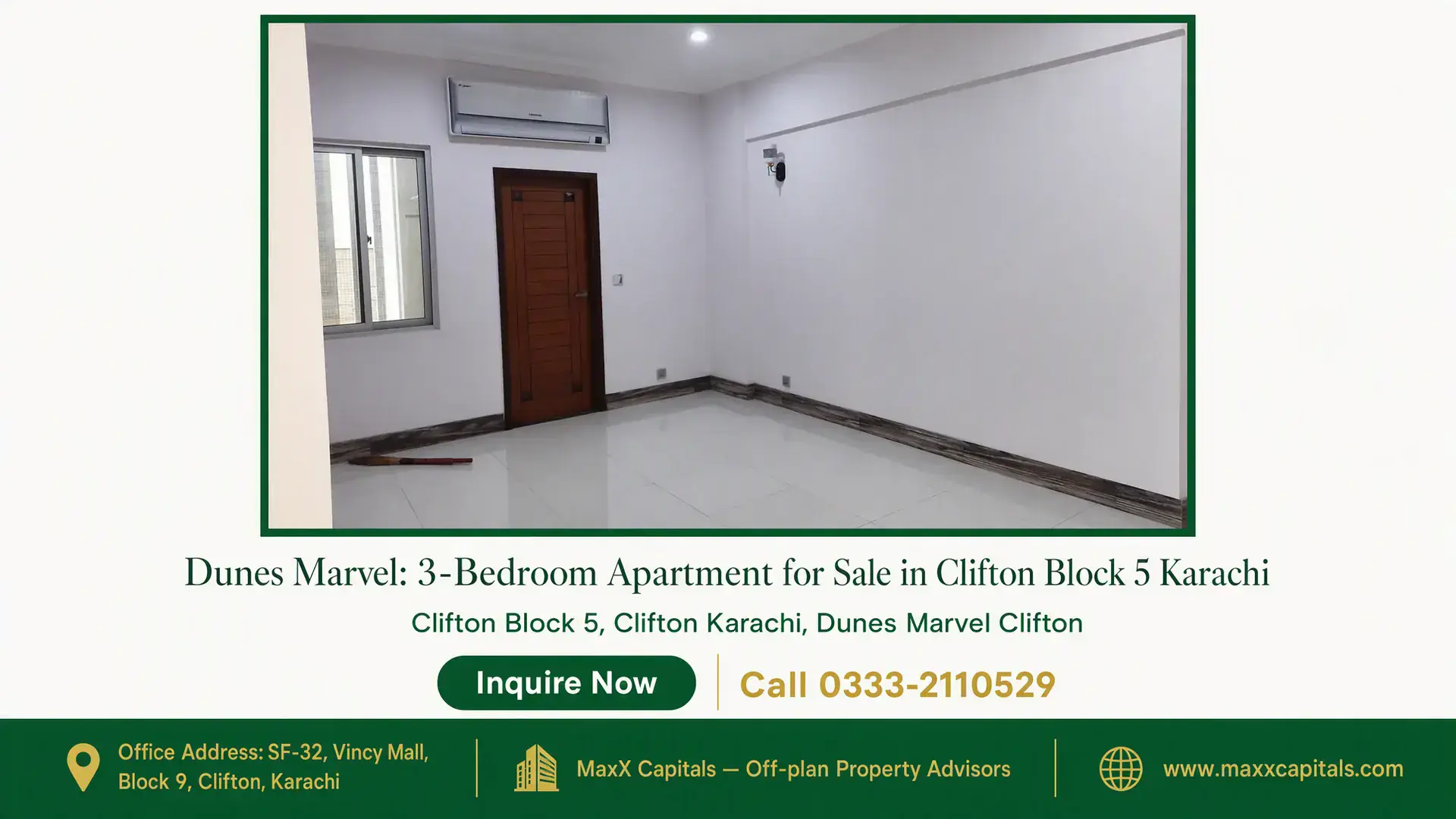 Dunes Marvel: 3-Bedroom Apartment for Sale in Clifton Block 5 Karachi Spacious living area with tiled flooring, modern air conditioning, and ample natural light in Dunes Marvel 3-bedroom apartmen