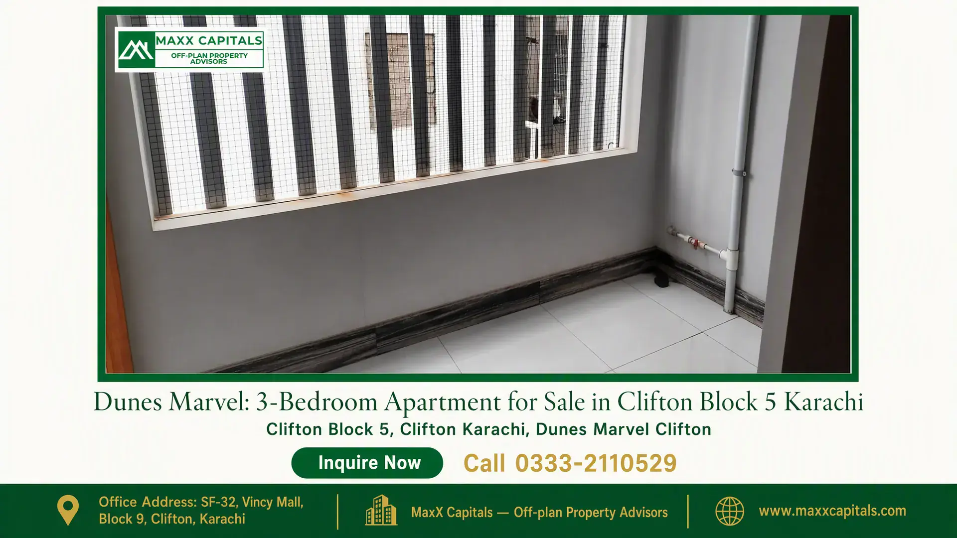Dunes Marvel: 3-Bedroom Apartment for Sale in Clifton Block 5 Karachi Secure balcony with mesh panels and tiled flooring in Dunes Marvel 3-Bedroom Apartment for Sale in Clifton Block 5 Karachi.