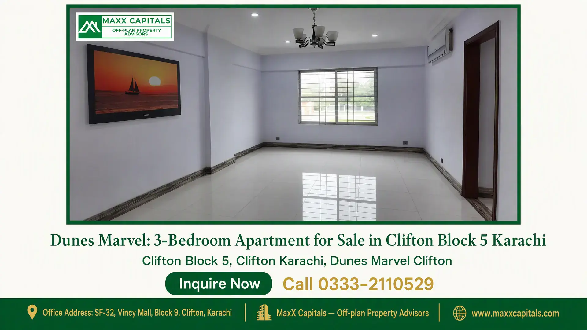 Dunes Marvel: 3-Bedroom Apartment for Sale in Clifton Block 5 Karachi Spacious, well-lit living room with tiled flooring, a bright window, air conditioning, and modern chandelier in Dunes Marvel