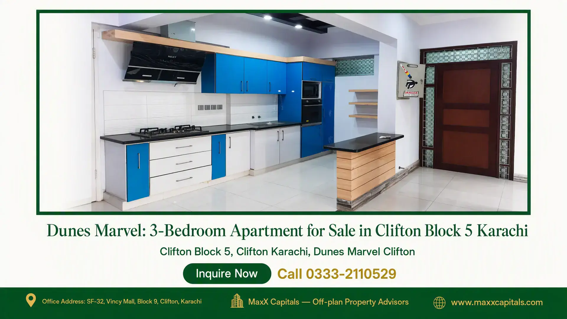 Dunes Marvel: 3-Bedroom Apartment for Sale in Clifton Block 5 Karachi Modern kitchen interior with blue and white cabinetry, built-in appliances, and sleek black countertops in Dunes Marvel Clift