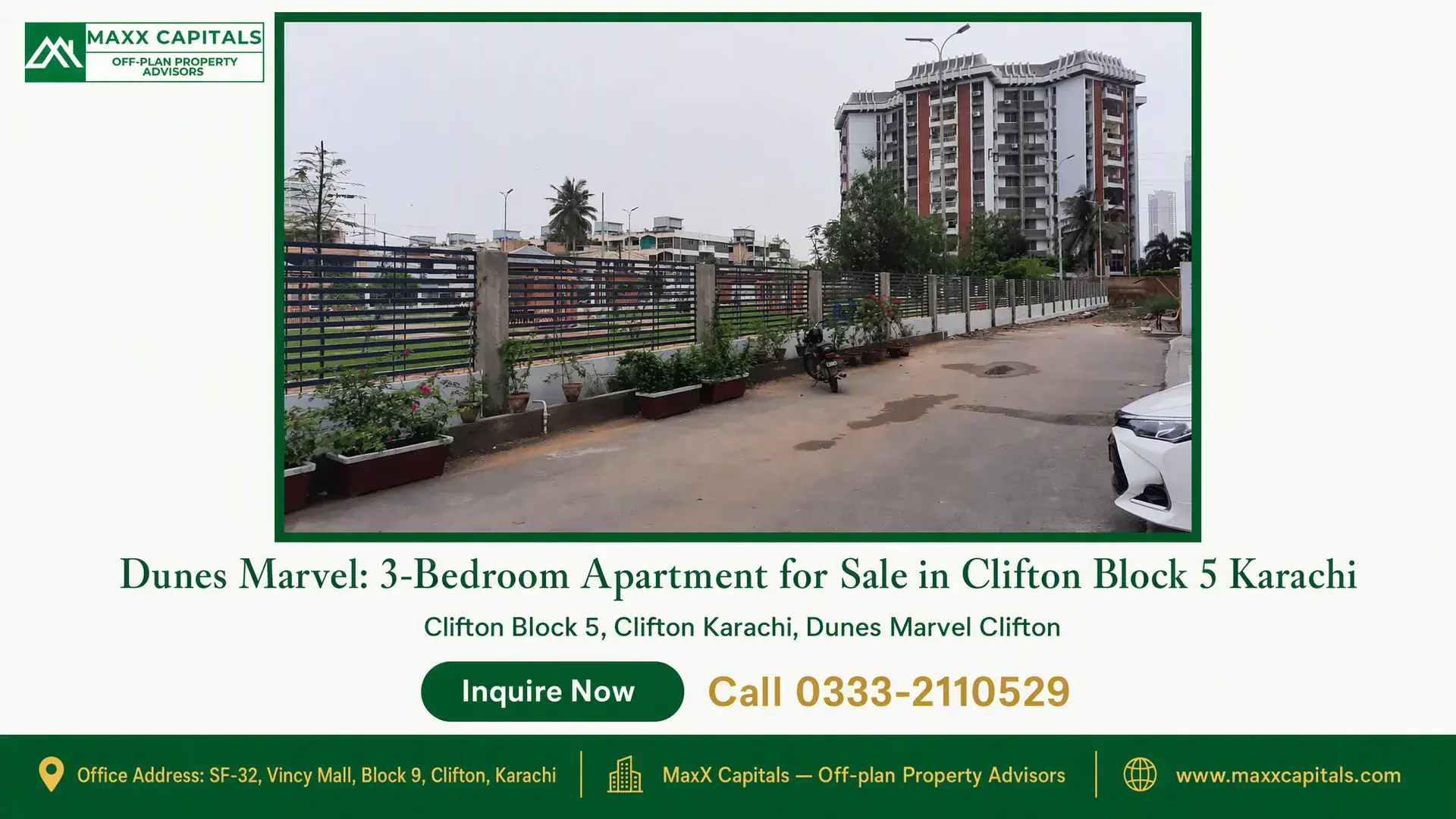 Dunes Marvel: 3-Bedroom Apartment for Sale in Clifton Block 5 Karachi Modern apartment complex with lush greenery and secure fences in Clifton Block 5 Karachi, highlighting premium real estate.