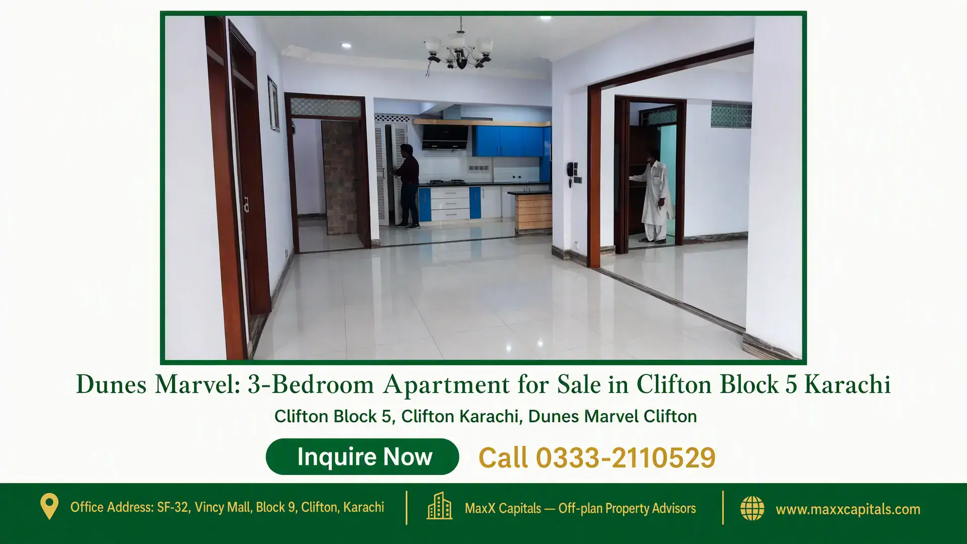 Dunes Marvel: 3-Bedroom Apartment for Sale in Clifton Block 5 Karachi Spacious open-plan living area with tiled flooring, wooden doorframes, and a modern kitchen featuring blue and white cabinetr