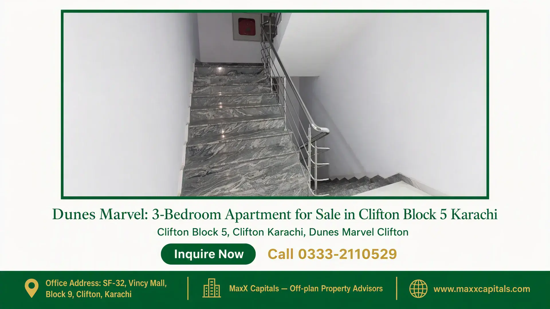 Dunes Marvel: 3-Bedroom Apartment for Sale in Clifton Block 5 Karachi Staircase with polished marble steps and stainless steel railing in Dunes Marvel, 3-Bedroom Apartment for Sale in Clifton Blo