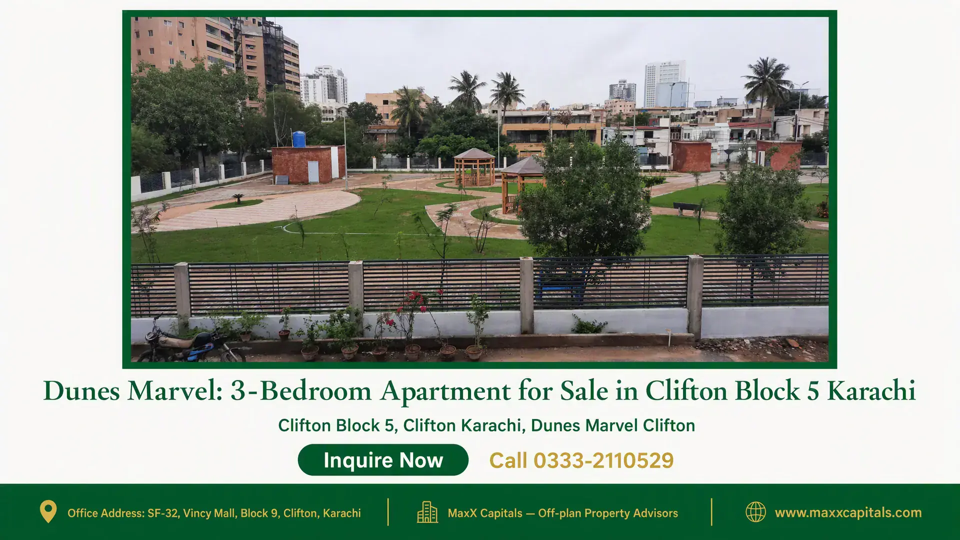 Dunes Marvel: 3-Bedroom Apartment for Sale in Clifton Block 5 Karachi Green landscaped park with walking paths, gazebos, and surrounding urban architecture near Dunes Marvel Clifton Block 5 Karac