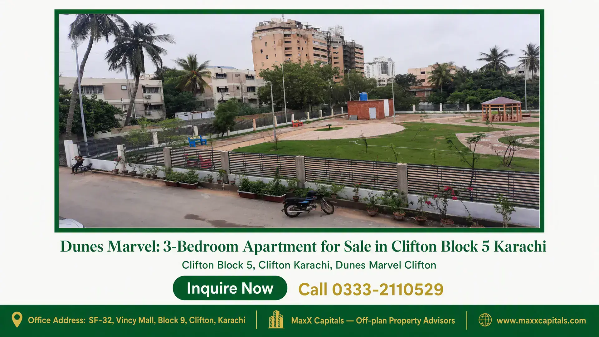 Dunes Marvel: 3-Bedroom Apartment for Sale in Clifton Block 5 Karachi A serene gated community view in Clifton Block 5, Karachi, featuring landscaped green spaces and modern apartment buildings.