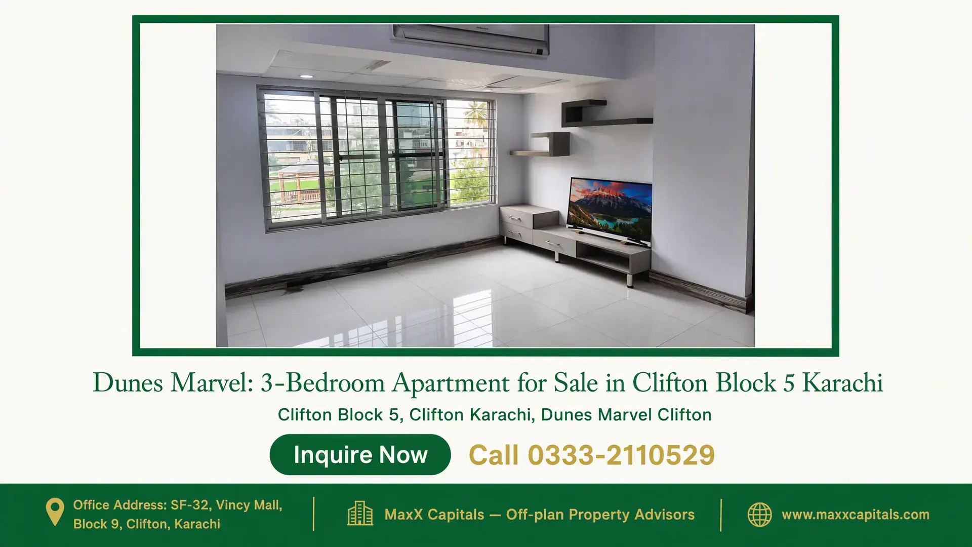 Dunes Marvel: 3-Bedroom Apartment for Sale in Clifton Block 5 Karachi Modern living area with a large window, tiled flooring, wall-mounted shelves, and a sleek TV console in Dunes Marvel, Clifton