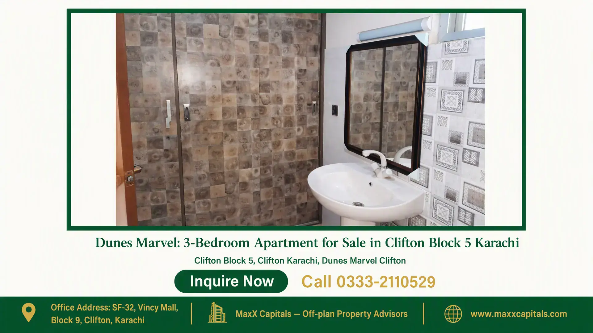 Dunes Marvel: 3-Bedroom Apartment for Sale in Clifton Block 5 Karachi Elegant bathroom with a textured wooden-finish door, ceramic sink, large mirror, and decorative tiles. Part of Dunes Marvel 3