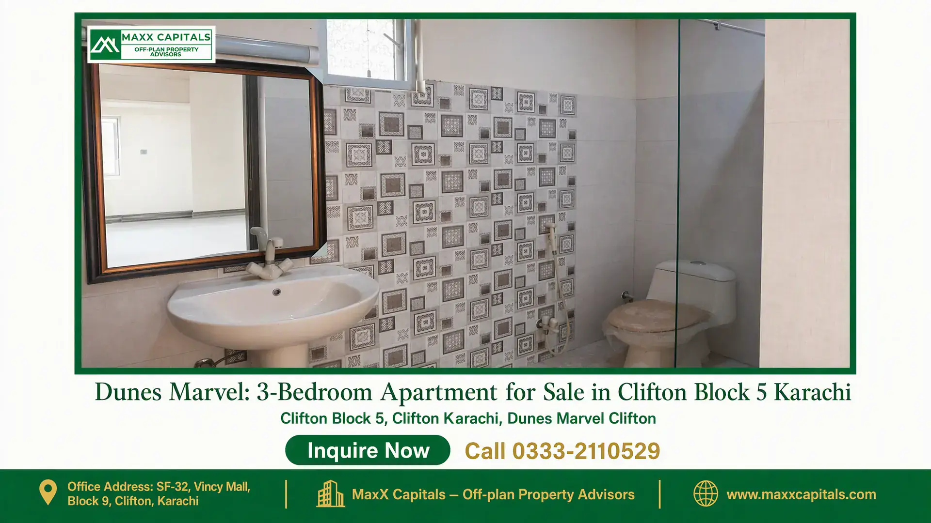 Dunes Marvel: 3-Bedroom Apartment for Sale in Clifton Block 5 Karachi Modern bathroom with a wall-mounted sink, large framed mirror, geometric tile backsplash, and enclosed shower in Dunes Marvel