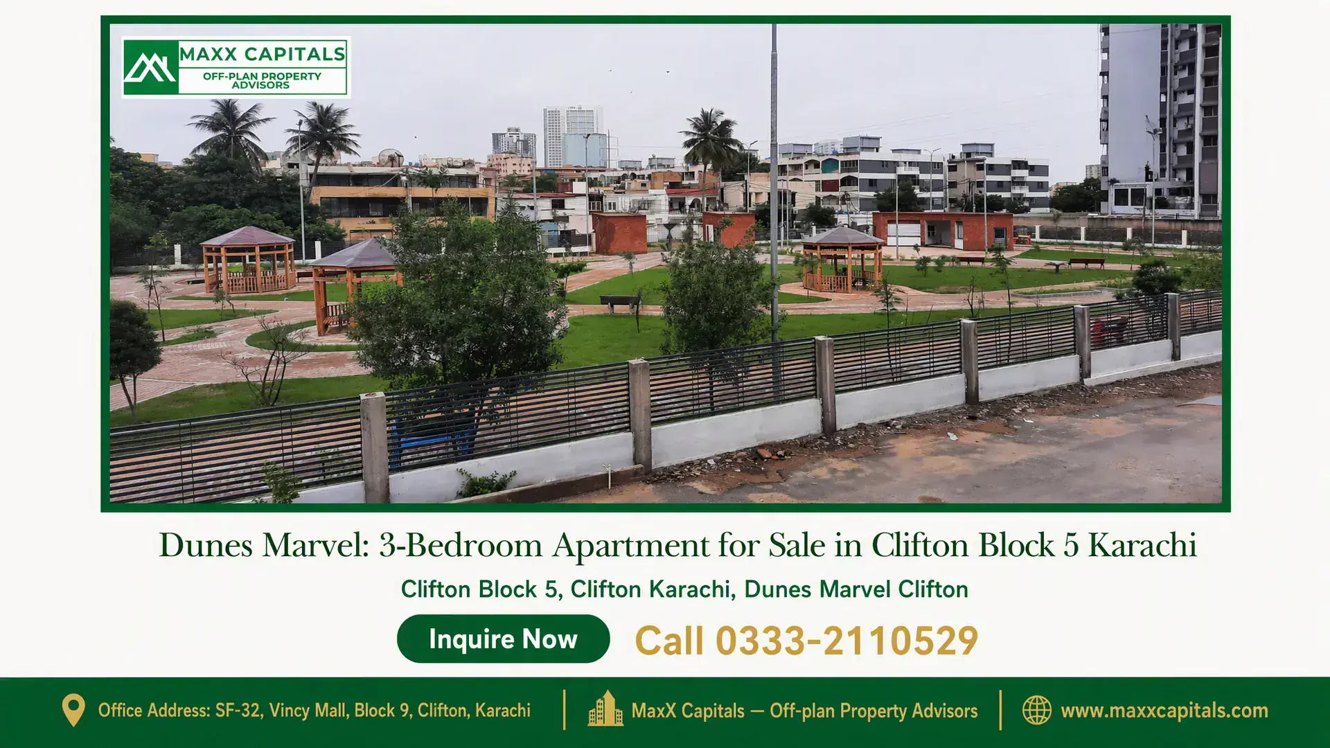 Dunes Marvel: 3-Bedroom Apartment for Sale in Clifton Block 5 Karachi Lush green park with gazebos and paved walkways in Clifton Block 5 with a view of surrounding urban buildings.