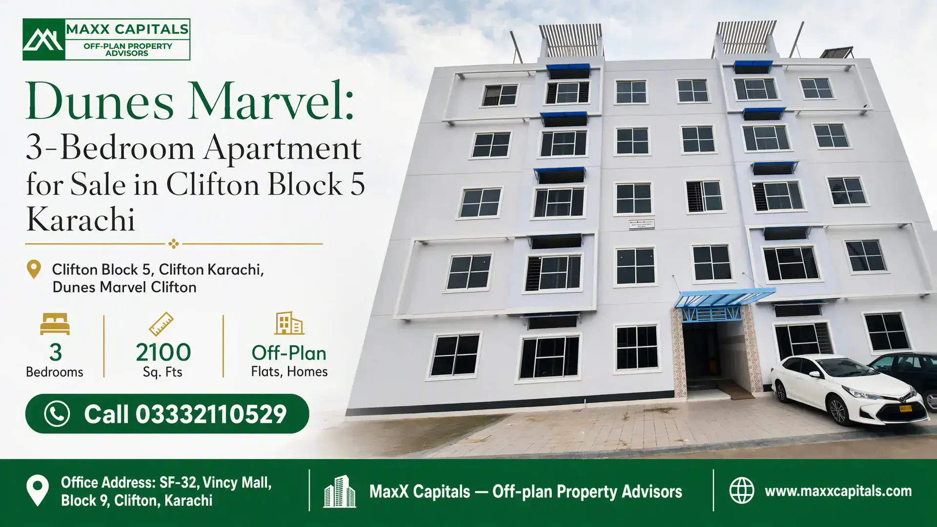 Dunes Marvel: 3-Bedroom Apartment for Sale in Clifton Block 5 Karachi Modern mid-rise apartment building featuring white facade, large windows, and covered entrance in Clifton Block 5, Karachi.
