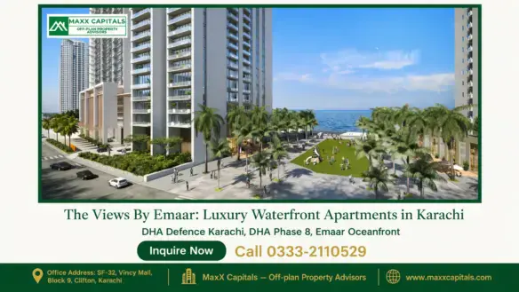 Modern waterfront apartment towers by Emaar in Karachi with landscaped palm-lined walkways and views of the ocean.