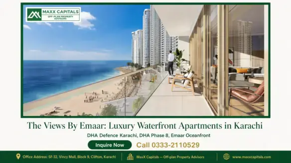 Luxurious waterfront apartment balcony with glass railing, sea view, and modern high-rise towers at The Views By Emaar in Kar