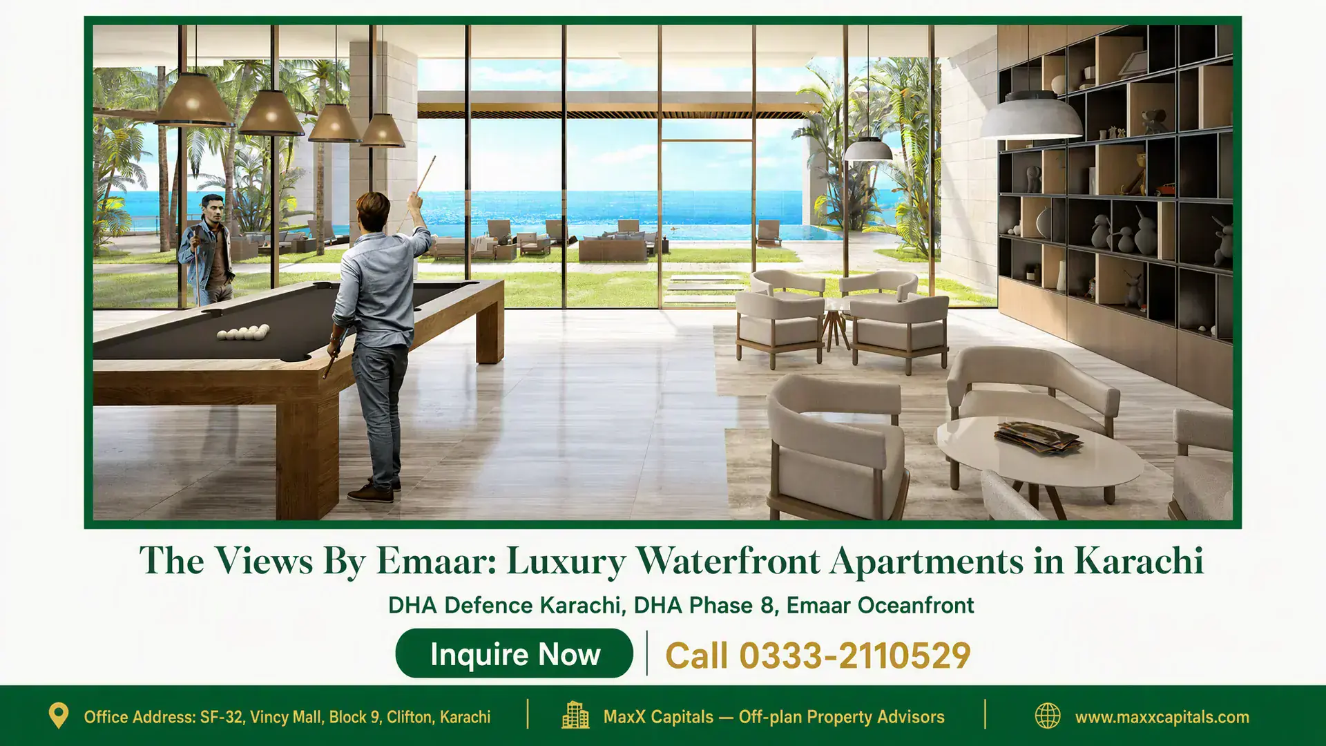 The Views By Emaar: Luxury Waterfront Apartments in Karachi Spacious lounge with modern furnishings, a billiards table, and large glass windows overlooking the ocean at The Views By Ema