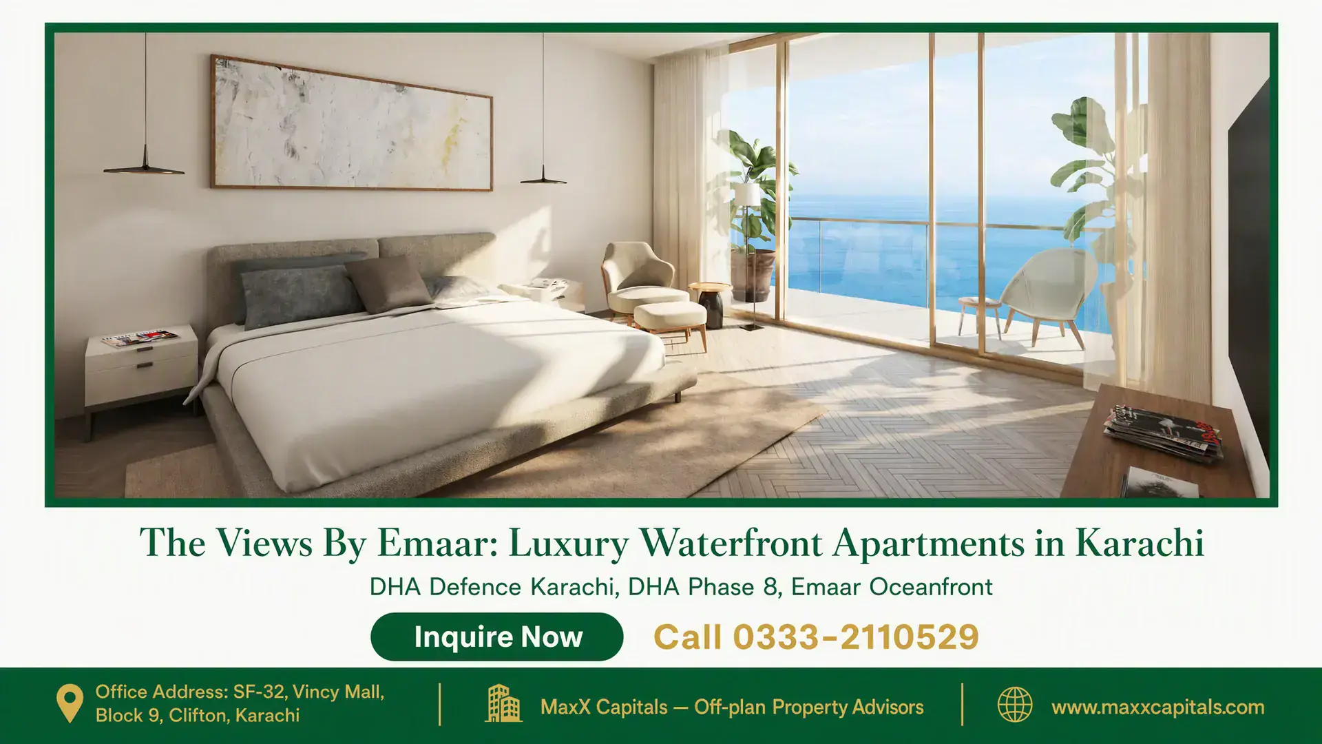 The Views By Emaar: Luxury Waterfront Apartments in Karachi Luxury bedroom with modern furniture, floor-to-ceiling glass windows, and a balcony overlooking a serene ocean view at The Vi