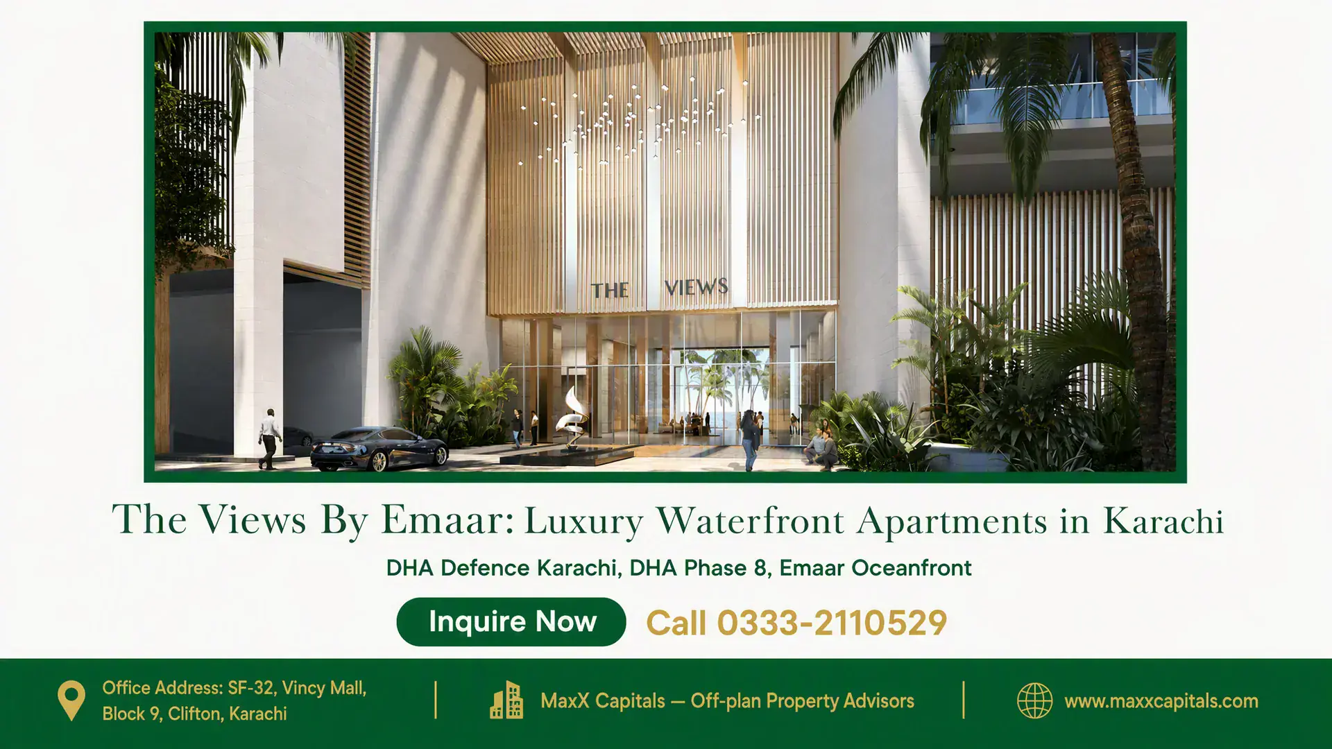 The Views By Emaar: Luxury Waterfront Apartments in Karachi Grand entrance of The Views By Emaar featuring modern architecture, glass facade, and lush landscaping in Karachi.