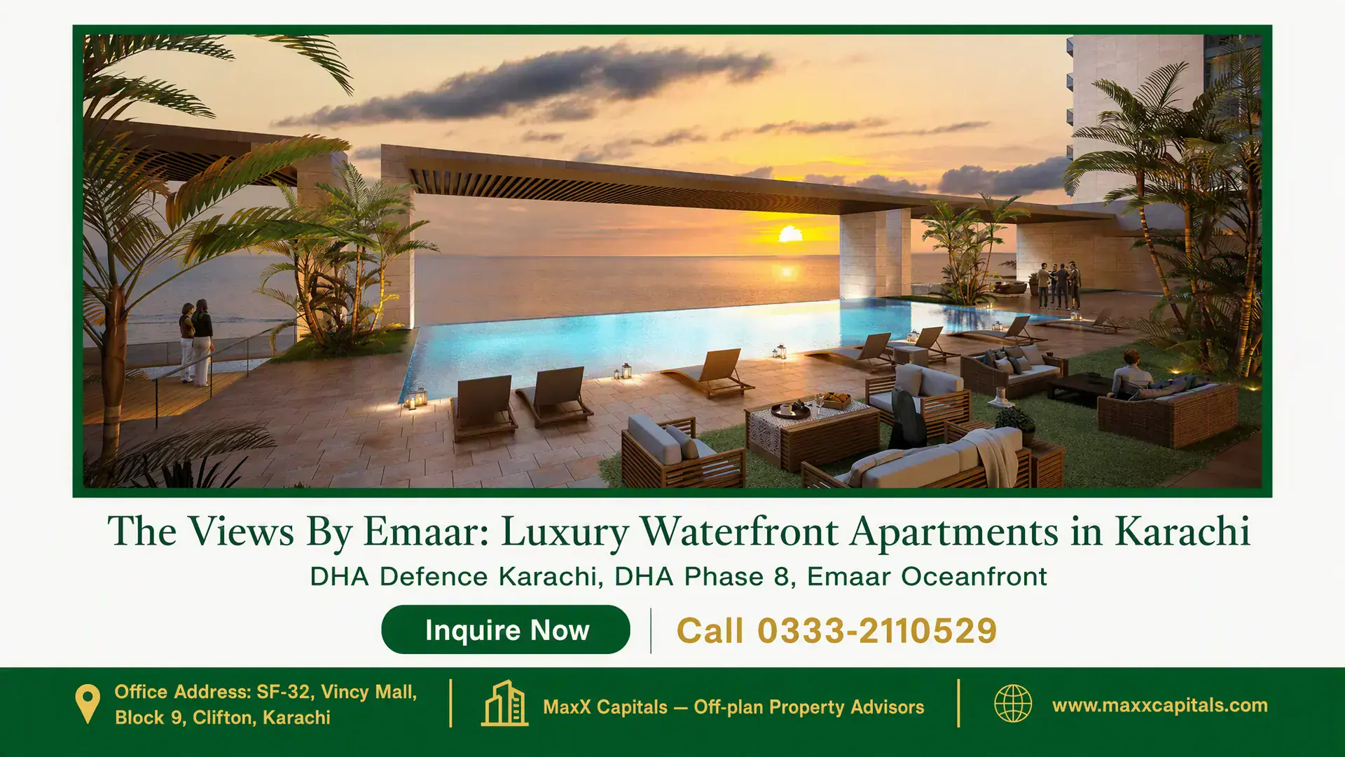 The Views By Emaar: Luxury Waterfront Apartments in Karachi Luxurious infinity pool with lounge seating and ocean views at sunset, part of The Views By Emaar in Karachi.