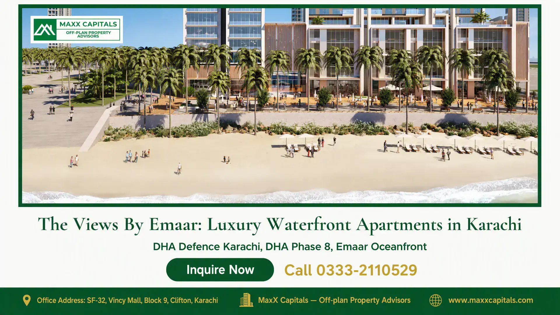 The Views By Emaar: Luxury Waterfront Apartments in Karachi Beachfront luxury apartments at The Views By Emaar in Karachi, with palm trees and modern architecture facing the ocean.