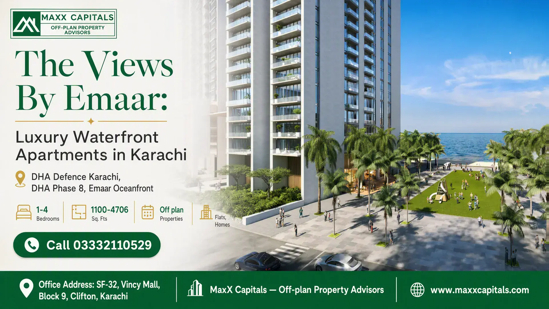 The Views By Emaar: Luxury Waterfront Apartments in Karachi Luxury beachfront apartments at The Views By Emaar in Karachi, featuring modern high-rise buildings, lush palm trees, and oce