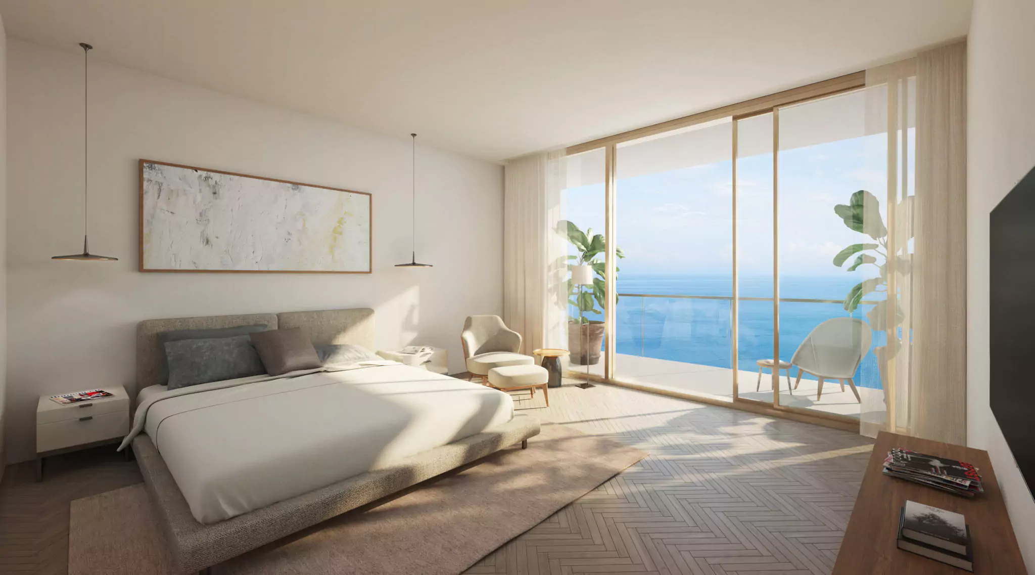 Emaar The Views Tower 2 Your Luxurious Waterfront Escape in DHA Karachi (2) Spacious modern bedroom in The Views By Emaar with king bed, balcony sea views, plants, TV, and abstract art in Karachi water