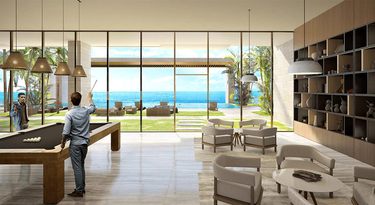 Emaar The Views Tower 2 Your Luxurious Waterfront Escape in DHA Karachi (3) Spacious living room in The Views By Emaar with pool table, modern sofas, wooden shelves, and panoramic waterfront ocean view