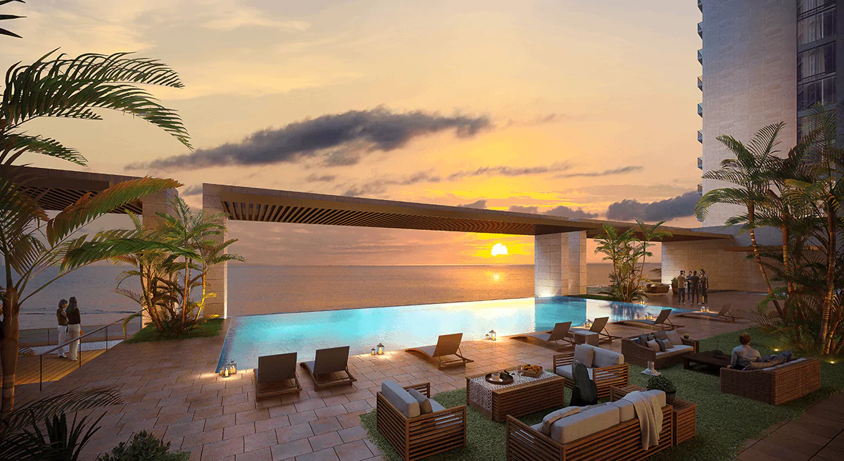 Emaar The Views Tower 2 Your Luxurious Waterfront Escape in DHA Karachi (5) Infinity pool and rooftop lounge at sunset in The Views By Emaar luxury waterfront apartments, Karachi