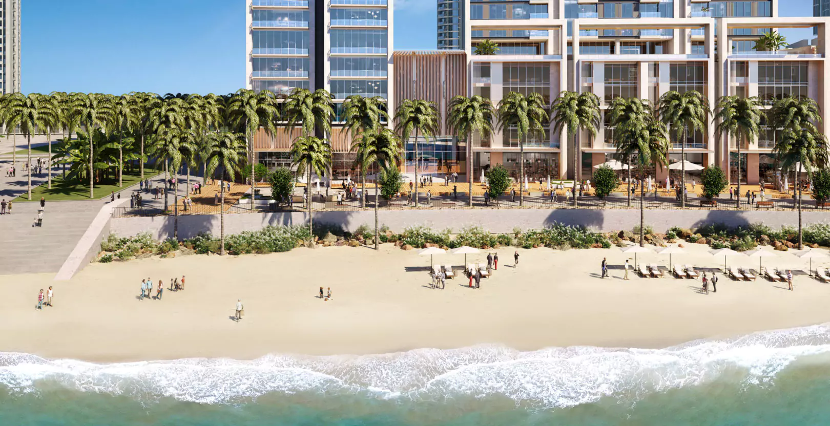 Emaar The Views Tower 2 Your Luxurious Waterfront Escape in DHA Karachi (6) Aerial view of The Views By Emaar luxury waterfront apartments in Karachi, modern towers with palm trees along sandy beach an