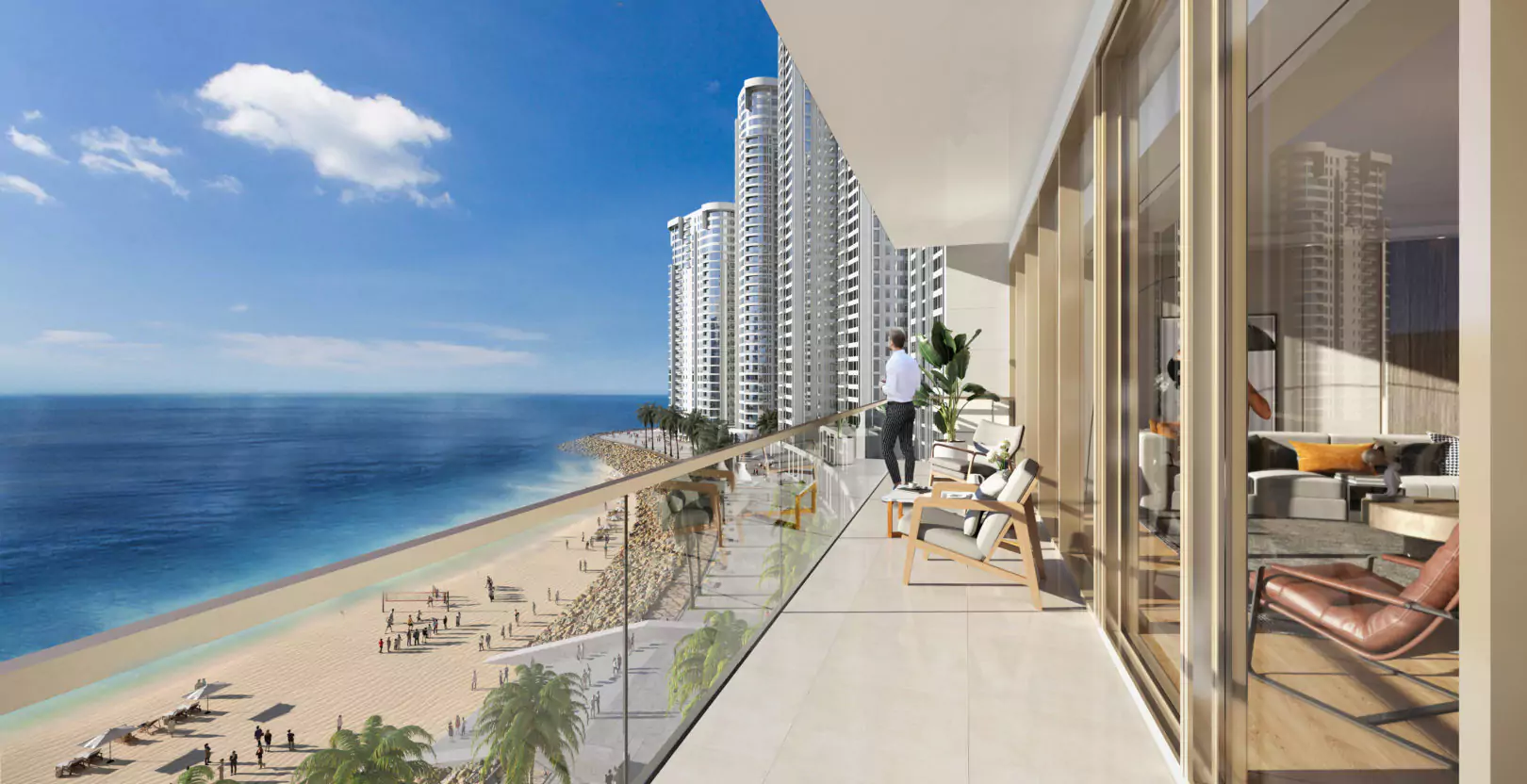 Emaar The Views Tower 2 Your Luxurious Waterfront Escape in DHA Karachi (7) Spacious balcony in The Views By Emaar luxury waterfront apartments in Karachi overlooking sandy beach, ocean, palm trees and
