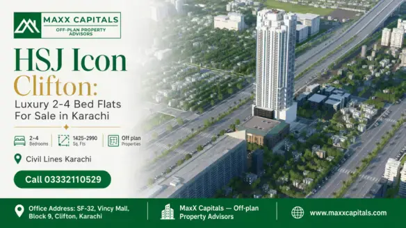 Hsj Icon Residential Tower In Clifton, Karachi, Surrounded By Lush Greenery And Modern Infrastructure.