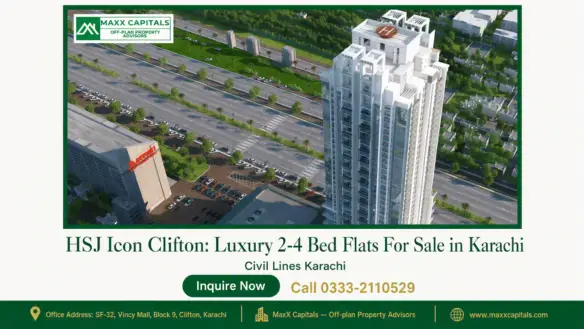 HSJ Icon Clifton, a modern high-rise building with a helipad, surrounded by landscaped greenery and a busy urban road in Kara
