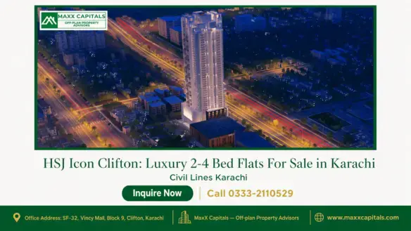 HSJ Icon Clifton, a modern high-rise building illuminated at night, surrounded by city lights in the heart of Karachi.