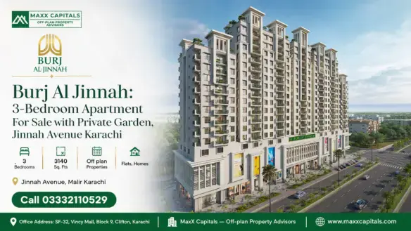 Burj Al Jinnah High-Rise Facade With Balconies, Rooftop Terraces, And Ground-Floor Frontage On Jinnah Avenue Karachi